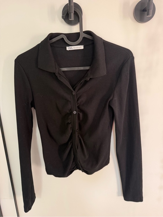Zara Tops - Zara Black Long-Sleeve Ruched Button-Front Shirt